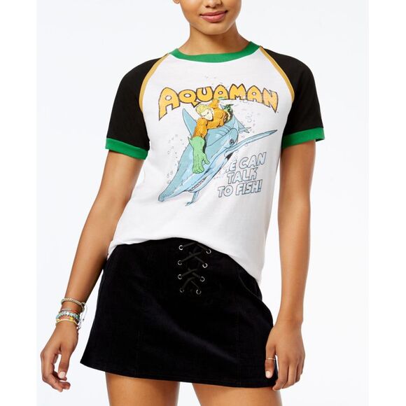 Warner Brothers Juniors Aquaman Contrast Graphic Baseball T-Shirt - Picture 1 of 3